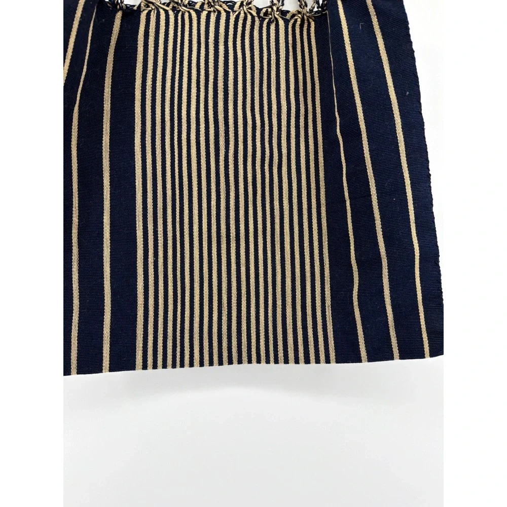 Handmade Woven Navy Blue Gold Color Striped Tote Bag Braided Handles Boho Market